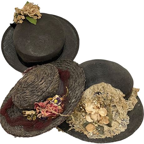Vtg Straw Hats w/ Decorative Flowers