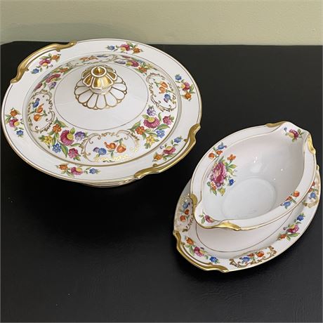 Noritake Dresdena Lidded Casserole Dish and Gravy Boat with Drip Tray