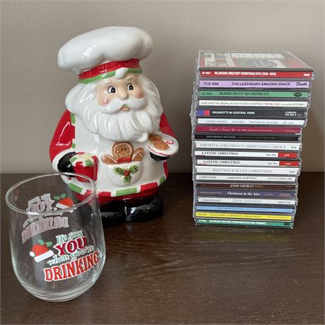 Christmas Bundle with Traditions Santa Cookie Jar, Silly Slogan Glass, & CD's
