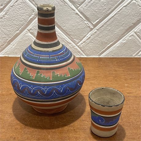 Vtg Mexican Hand-Painted Pottery Water Jug w/ Cup