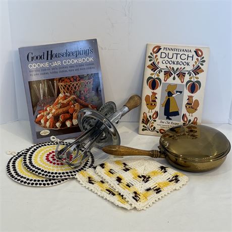 Vtg Brass Silent Butler Crumb Catcher & Hand Mixer w/ Cookbooks & More