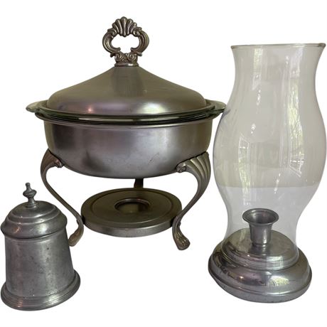 Pewter F B Rogers Chafing Dish, Sheffield Tankard Mug & Preisner Candle Holder