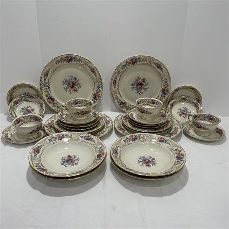 Setting for 4 Royal Ivory KPM Germany Floral and Gold Scrolls China Dinnerware