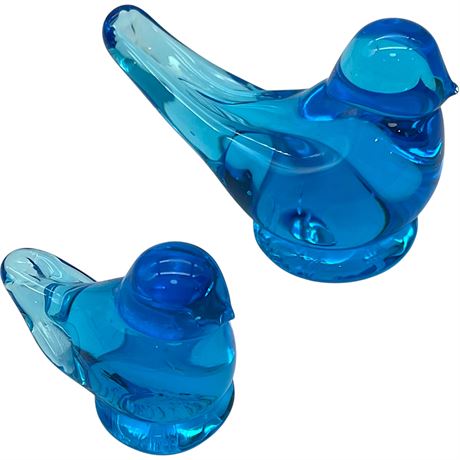 '89 & '90 Ron Ray Signed Art Glass "Blue Bird of Happiness" Bird Figurines