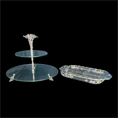Two Tier Glass and Grape Serving Plate w/ Silver City Glass Divided Serving Dish