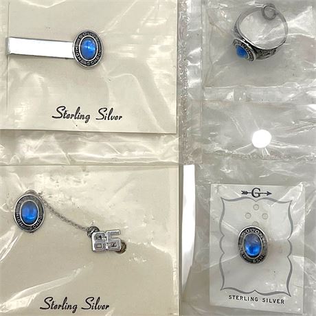 Sterling Silver Solon High School Blue Stone Pins, Ring & Tie Clip