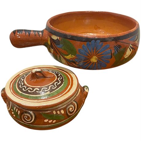 Vtg Mexican Handmade Tlaquepaque Pottery Lidded Bean Pot & Pan