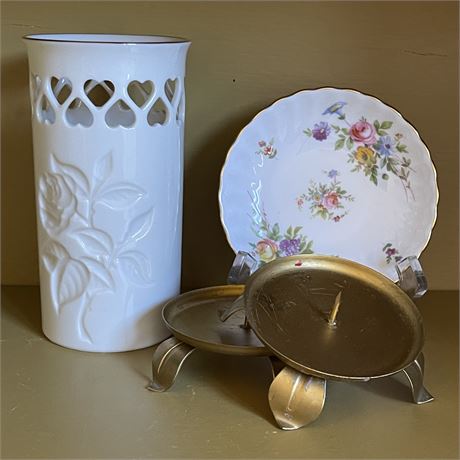 Lenox Rose Pierced Hearts Vase, Leaf Footed Candle Stands, & Minton China Saucer