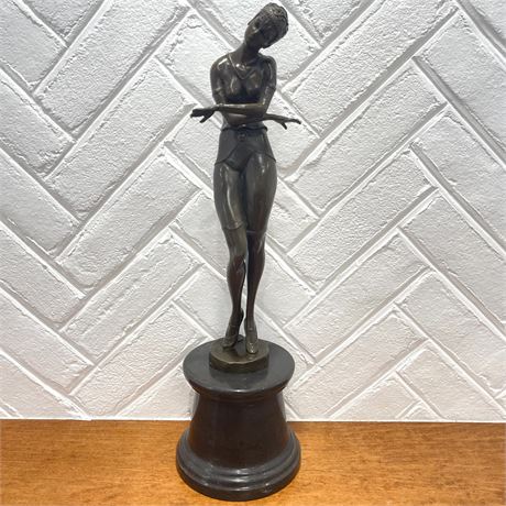 European Bronze Finery Dancer Statue with Marble Base - Signed