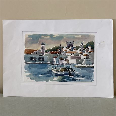 Signed N. Stauid Watercolor of Harbour at Dubrovnik, Croatia Set in 17th Century