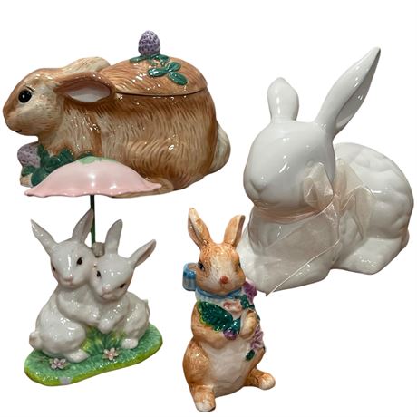 Glazed Ceramic Lidded Bunny Canister & Bunny Figurines