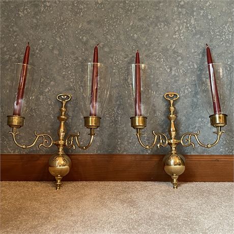 Pair of Brass Ethan Allen Two Candle Wall Sconces with Hurricanes