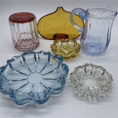 MCM Colored Art Glass- Ashtrays, Fluted Dish & Mug, Rainbow Advertising Sign