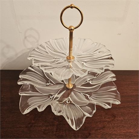 Mikasa Crystal w/Satin Tulips 2-Tier Server w/Gold Tone Center