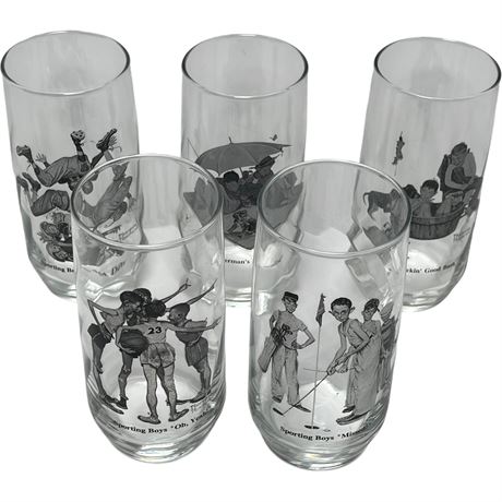 (5) Vtg Norman Rockwell Libbey Drinking Glasses