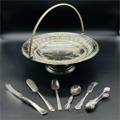 Silver Plate Utensils and Handled Basket