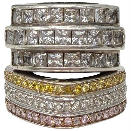 (2) 925 Sterling Silver 3-Row Gemstone Size 6.75 Band Rings