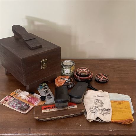 Vintage Shoeshine Kit with Wooden Storage Box
