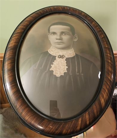 Oval Wood Convex Bubble Glass Antique Framed Print of a Woman