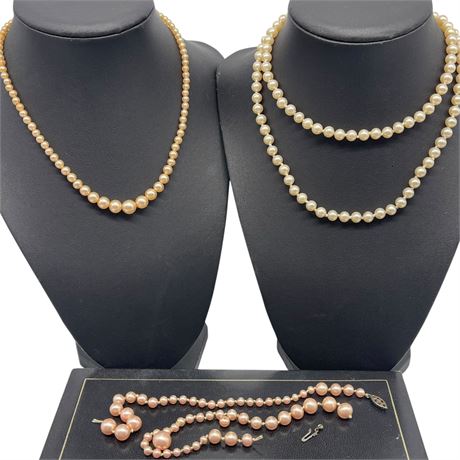 (3) Vtg Cultured Pearls Necklaces (One Has Sterling Silver Clasp)