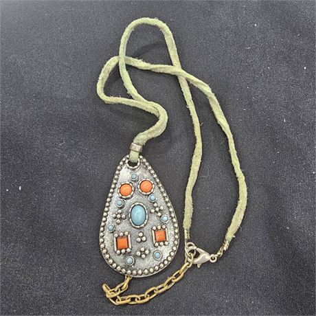 NAVAJO TURQUOISE CORAL STERLING SILVER NECKLACE OLD