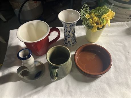 Collection of various ceramic and stoneware items, including mugs, a vase,
