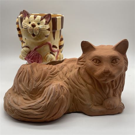 Hand Crafted Terra Cotta & Ceramic Cat Planters
