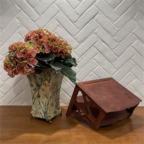 Metal Bin / Planter / Vase and Arrangement with Wooden 2-Tier Wall Shelf