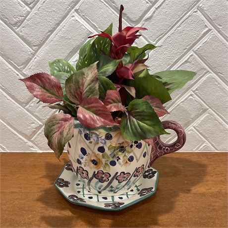 Supersized Hand Painted Ceramic Cup/Saucer with Fake Plant