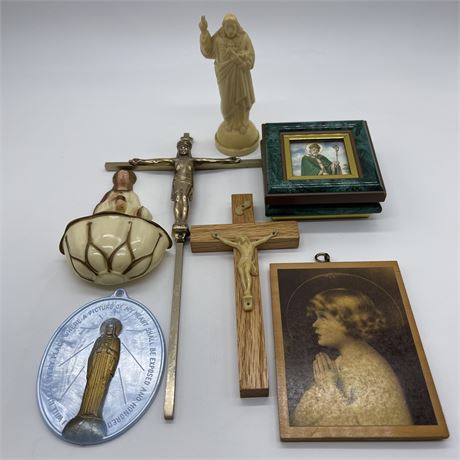 Vtg Holy Water Font, Crucifixes, St. Patrick Trinket Box and More