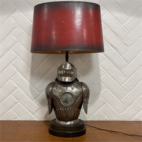 Medieval Knight Suit of Armor Side Table Lamp w/ Red & Black Shade
