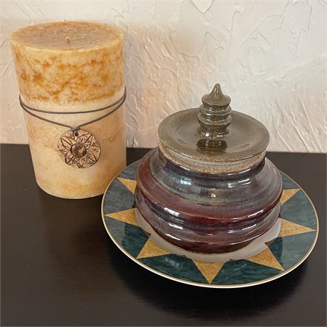 Decorative Trio - Pier 1 Candle, Tuscany Decorative Plate and Lidded Pottery