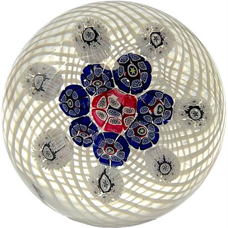 Antique New England Concentric Millefiori on Latticinio Art Glass Paperweight