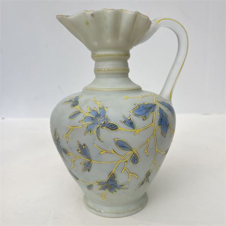 Antique Thomas Webb Antique Satin Glass Painted Ruffle Top Pitcher