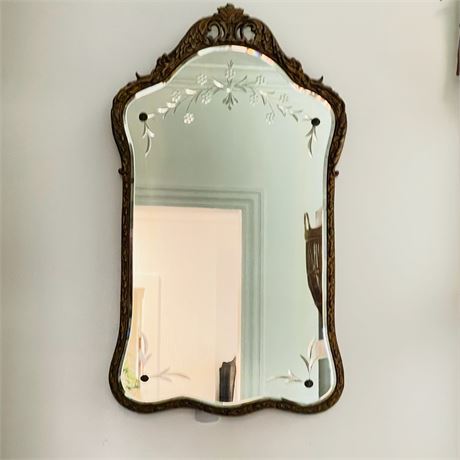 Antique Etched Wood Framed Scrolled Mirror