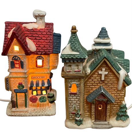 (2) Ceramic Lighted Christmas Village Houses