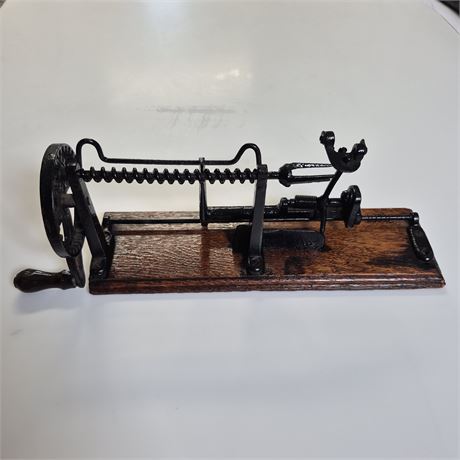 Antq 1800s Cast Iron Apple Peeler Wood Mounted - Primitive Kitchen Tool