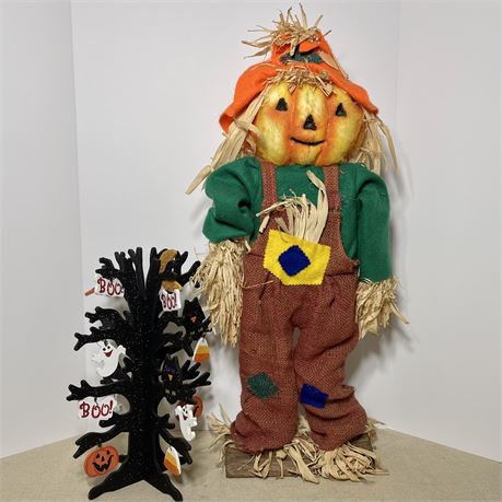 Pumpkin Scarecrow Statue with Spooky Tree Ornament Display
