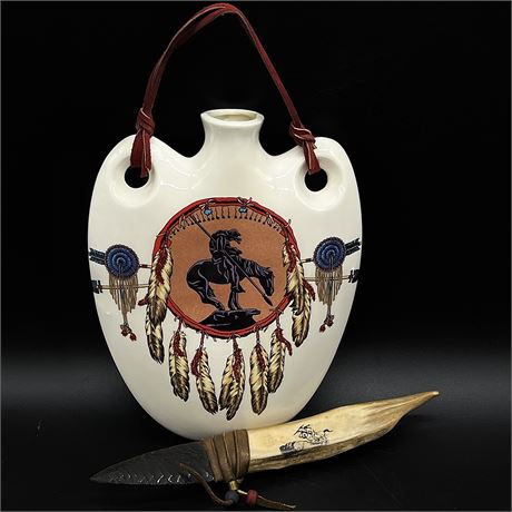 Native American Ceramic Canteen with Antique Arrowhead Crafted Knife