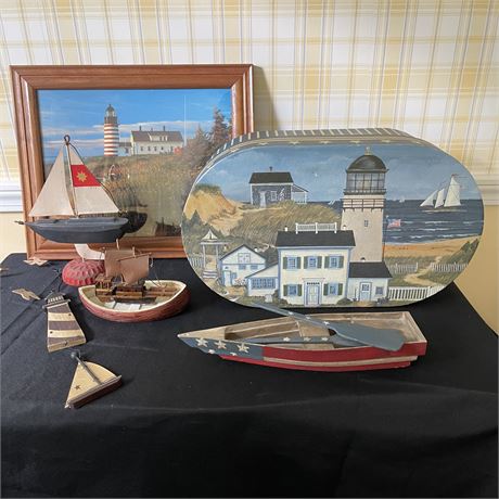 Hand Carved Wooden Nautical Decor with Storage Box and Framed Print