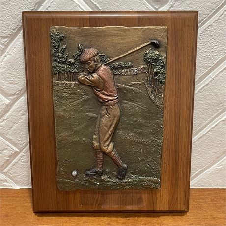 Vtg Austin Sculpture Bronze Golfer Plaque on Wooden Wall Mount