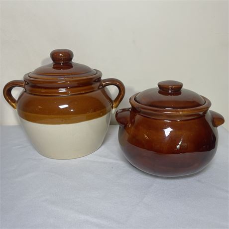 2 Lidded Stoneware Double Handled Bean Pots
