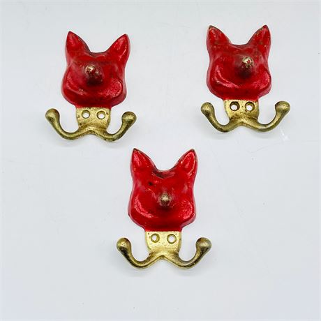 Vintage Red Fox Brass Painted Wall Hooks Set of Three