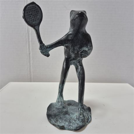 Brass Frog with Tennis Racket on Lily Pad