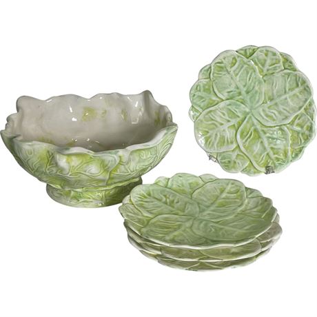 Vtg Ceramic Cabbage Motif Serving Bowl & (4) Plates
