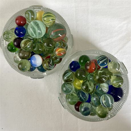 Collection of Marbles w/ two Glass Trays (Candle Holders)