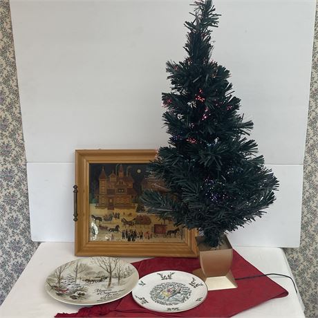 Charles Wysocki Christmas Tray with 2.5 ft Tree, Runner and Coll. Plates
