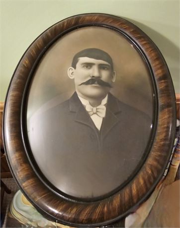 Oval Wood Convex Bubble Glass Antique Framed Print of a Man