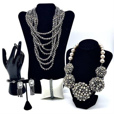 Cluster Statement Necklace with Multistrand Necklace, Bracelets and Clip-ons