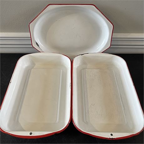 Vtg Enamelware Red Trim (2) Baking Pans & Tray